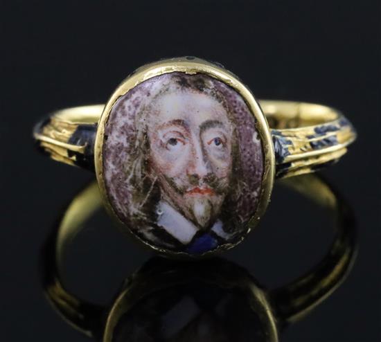 A rare mid 17th century enamelled gold oval memorial ring for Charles I (1600-1649), finger size K.